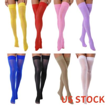 US Women's See Through Thigh-High Socks Solid Color Elastic Over Knee Stockings